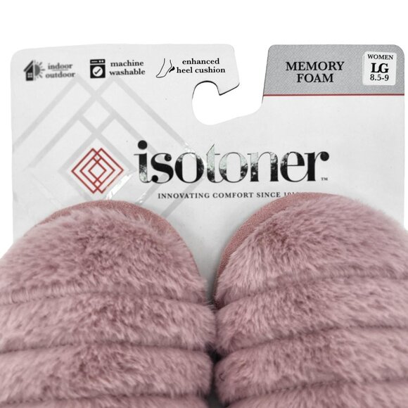 Isotoner Large Faux Fur Memory Foam Slide Slippers Womens Pink Pearl 8.5 - 9 New - Picture 2 of 6